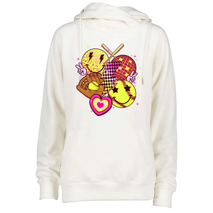 Cute Retro Softball Baseball Smiley Emoji Womens Funnel Neck Pullover Hood