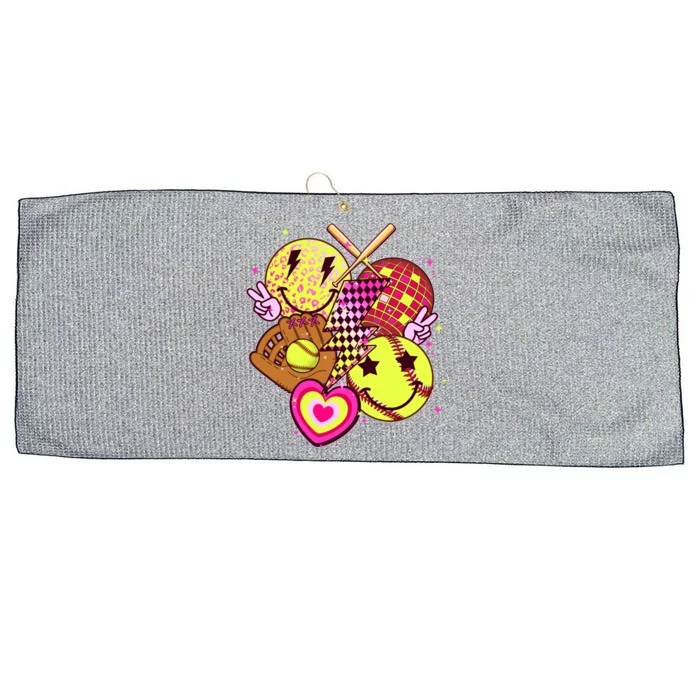 Cute Retro Softball Baseball Smiley Emoji Large Microfiber Waffle Golf Towel