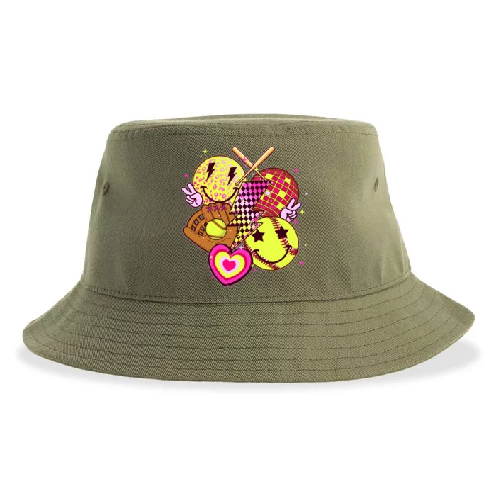 Cute Retro Softball Baseball Smiley Emoji Sustainable Bucket Hat