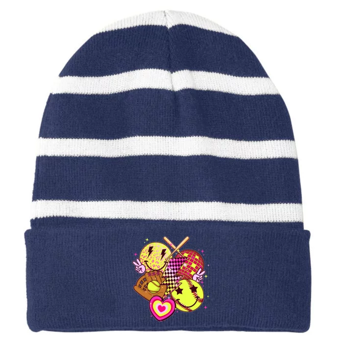 Cute Retro Softball Baseball Smiley Emoji Striped Beanie with Solid Band