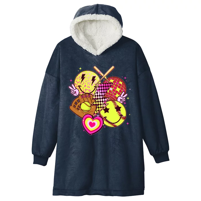 Cute Retro Softball Baseball Smiley Emoji Hooded Wearable Blanket