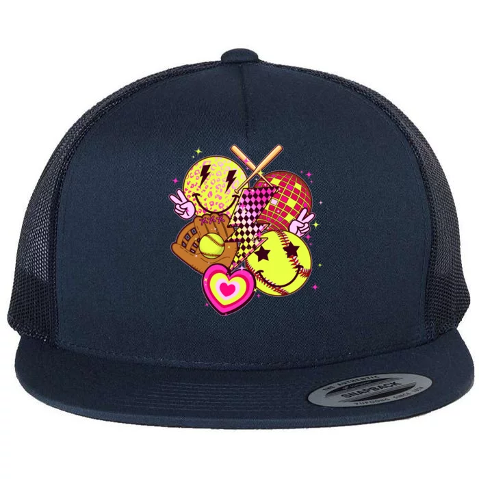 Cute Retro Softball Baseball Smiley Emoji Flat Bill Trucker Hat