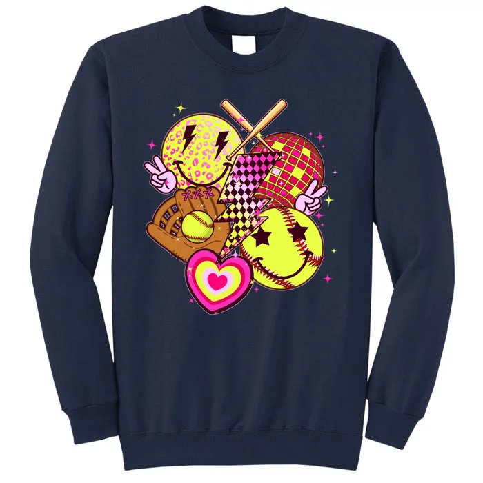 Cute Retro Softball Baseball Smiley Emoji Tall Sweatshirt