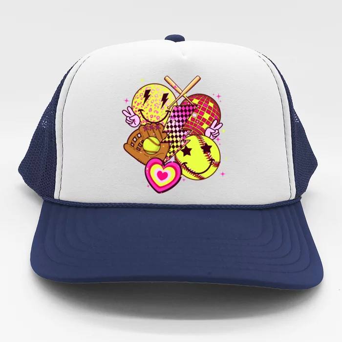 Cute Retro Softball Baseball Smiley Emoji Trucker Hat