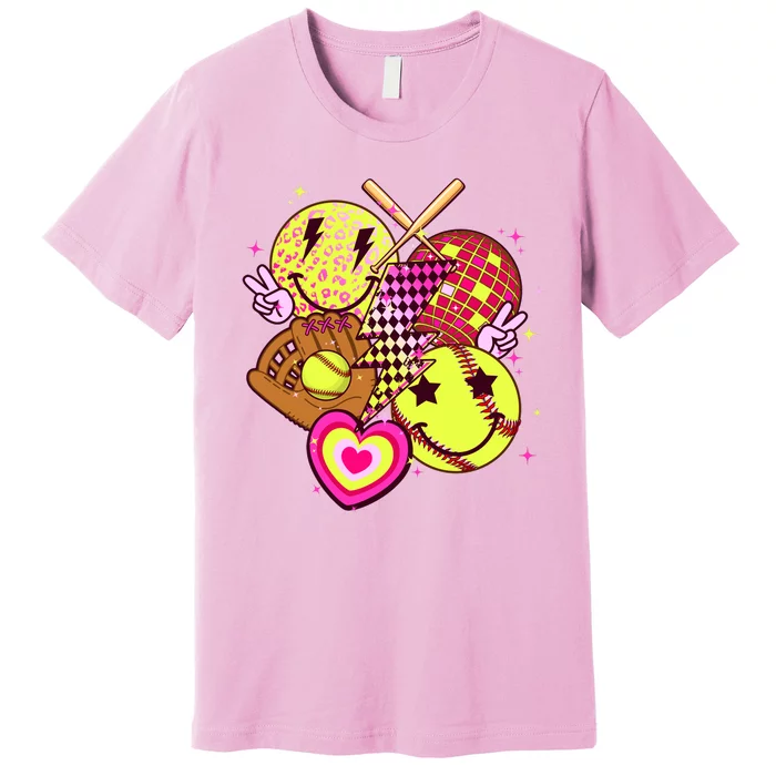 Cute Retro Softball Baseball Smiley Emoji Premium T-Shirt