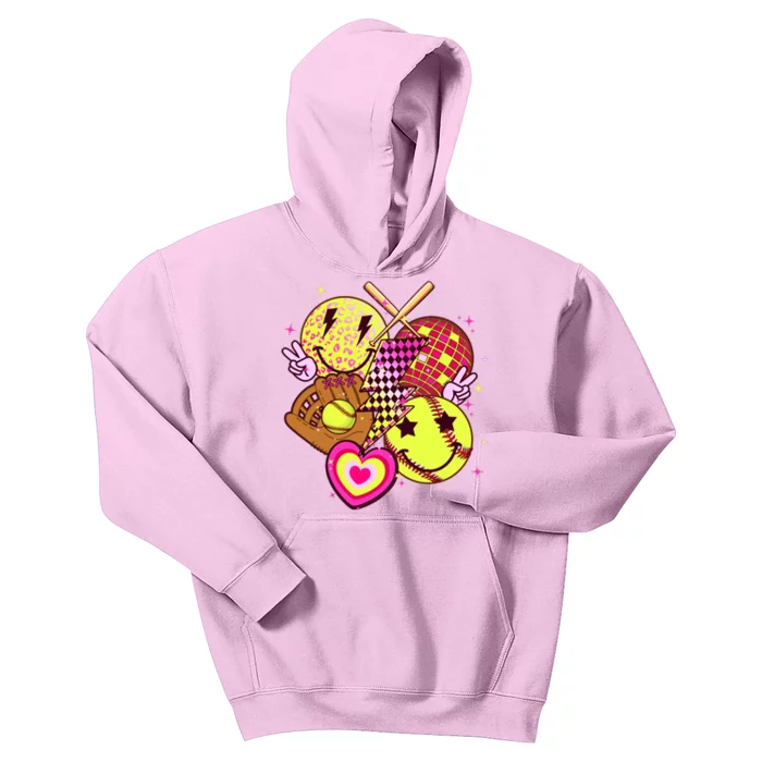 Cute Retro Softball Baseball Smiley Emoji Kids Hoodie