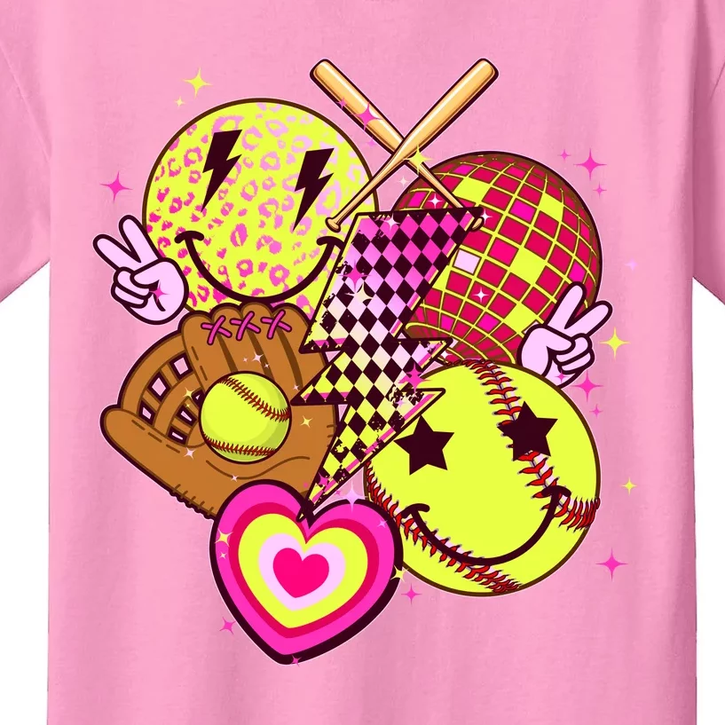 Cute Retro Softball Baseball Smiley Emoji Kids T-Shirt