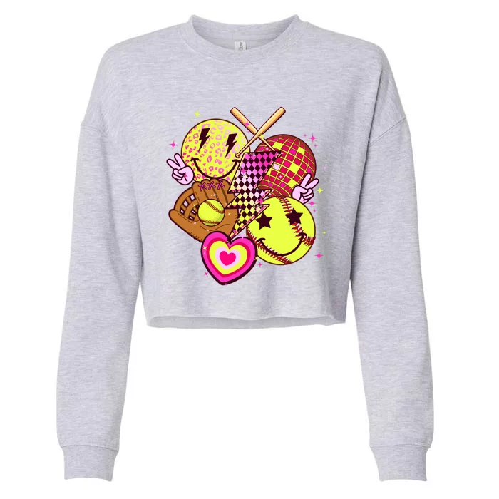 Cute Retro Softball Baseball Smiley Emoji Cropped Pullover Crew