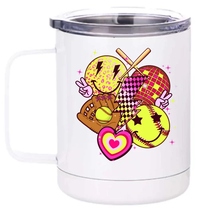 Cute Retro Softball Baseball Smiley Emoji Front & Back 12oz Stainless Steel Tumbler Cup