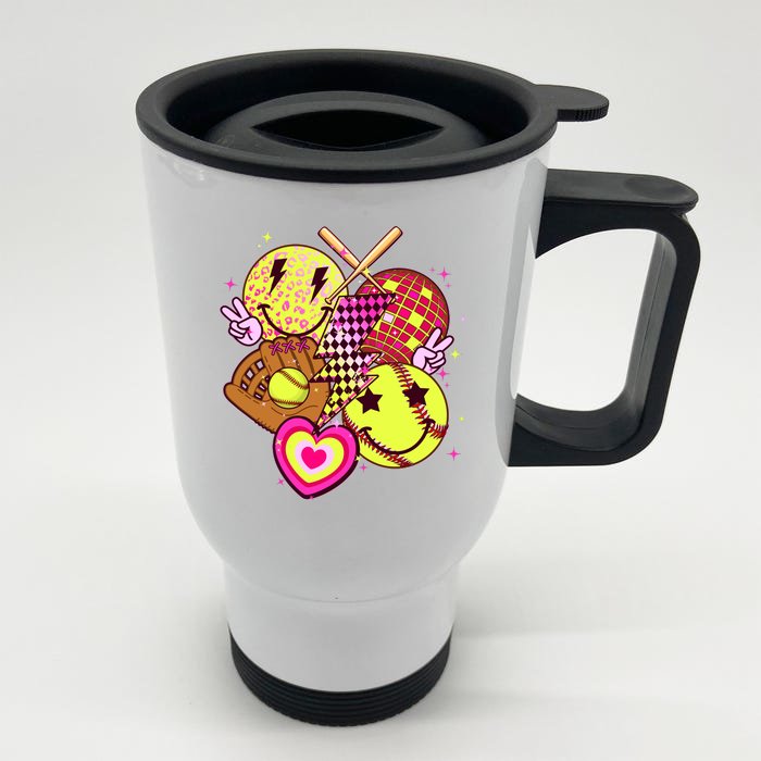 Cute Retro Softball Baseball Smiley Emoji Front & Back Stainless Steel Travel Mug