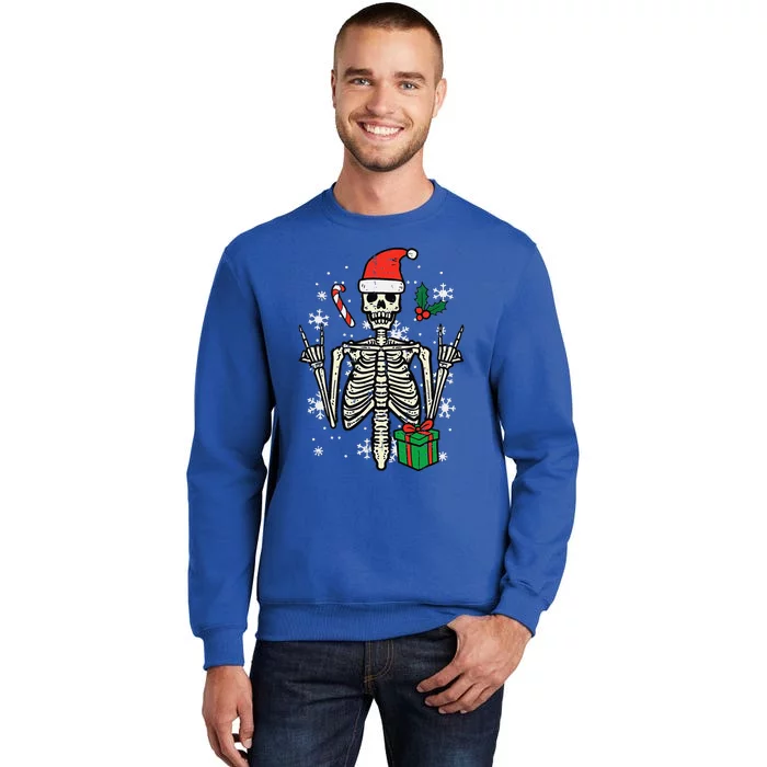 Christmas Rocker Skeleton Santa Rock Hand Xmas Funny Tall Sweatshirt