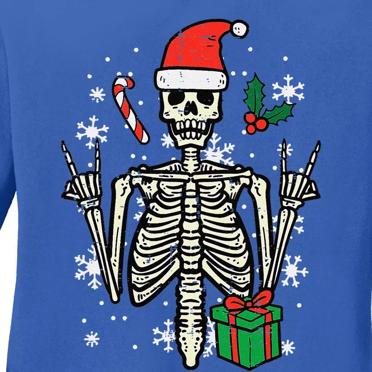 Christmas Rocker Skeleton Santa Rock Hand Xmas Funny Ladies Long Sleeve Shirt