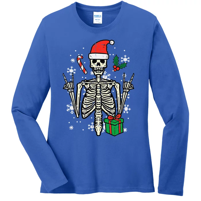 Christmas Rocker Skeleton Santa Rock Hand Xmas Funny Ladies Long Sleeve Shirt