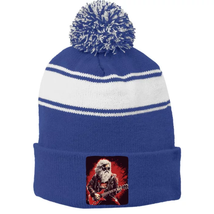 Cool Rocker Santa Claus For Christmas Rock Music Lovers Gift Stripe Pom Pom Beanie