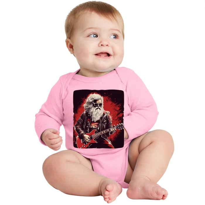 Cool Rocker Santa Claus For Christmas Rock Music Lovers Gift Baby Long Sleeve Bodysuit