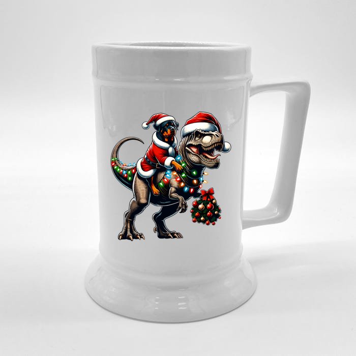 Christmas Rottweiler Trex Santa Hat Festive Dinosaur Dog Gift Front & Back Beer Stein