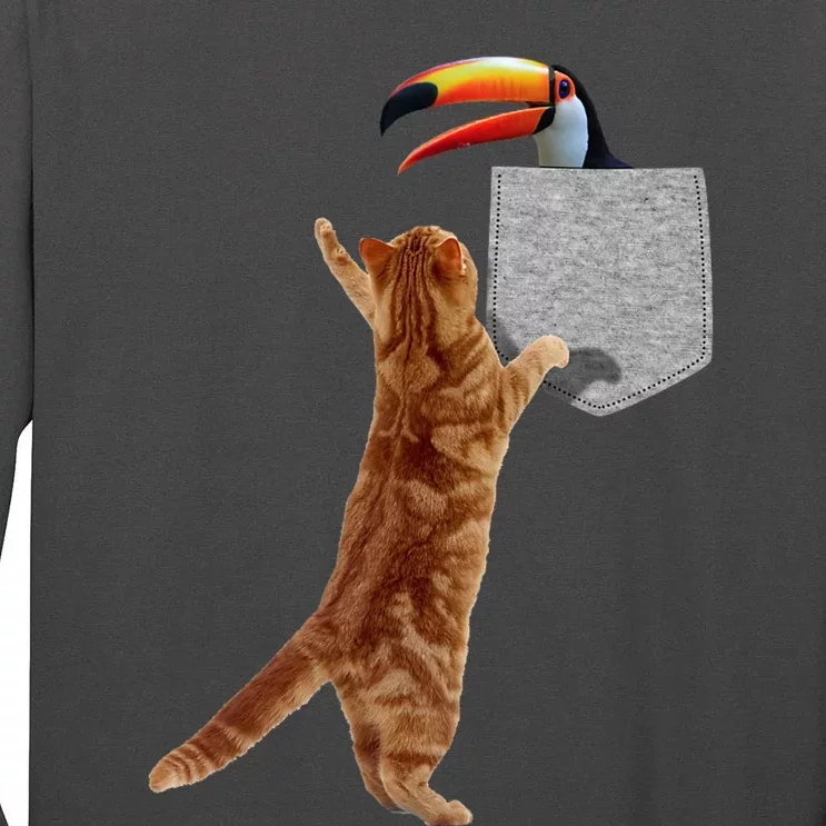 Cat Reaching Toucan In Fake Funny Printon Pocket Tall Long Sleeve T-Shirt