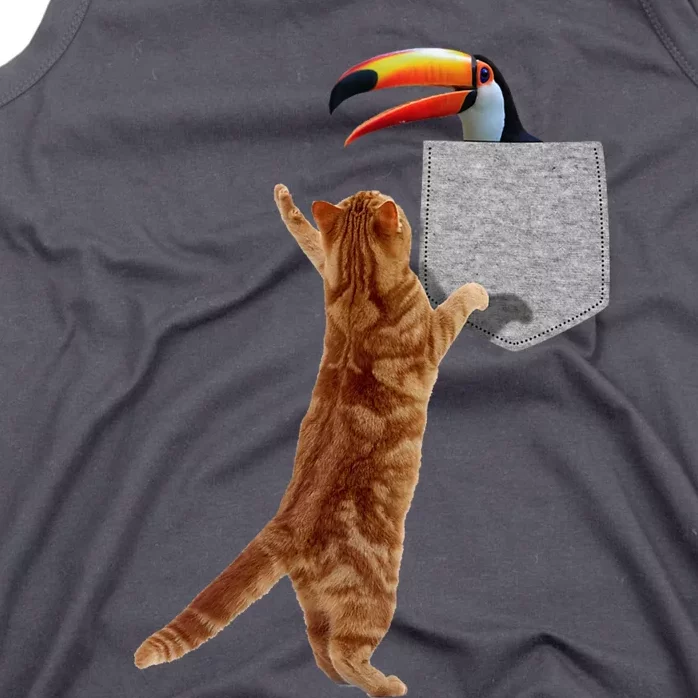 Cat Reaching Toucan In Fake Funny Printon Pocket Tank Top