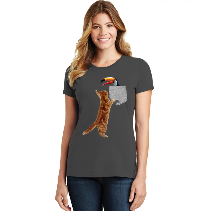 Cat Reaching Toucan In Fake Funny Printon Pocket Women's T-Shirt