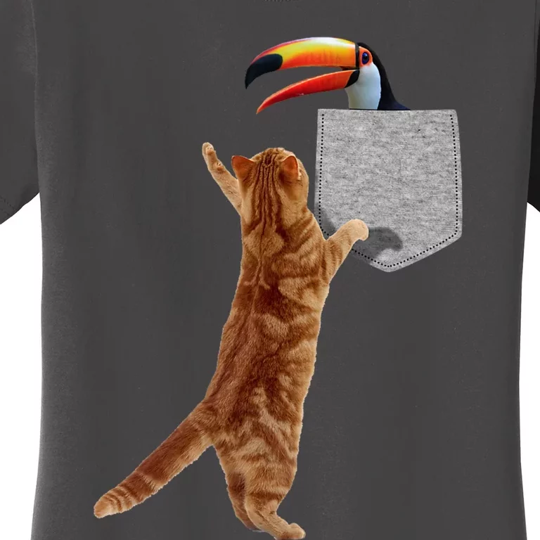 Cat Reaching Toucan In Fake Funny Printon Pocket Women's T-Shirt