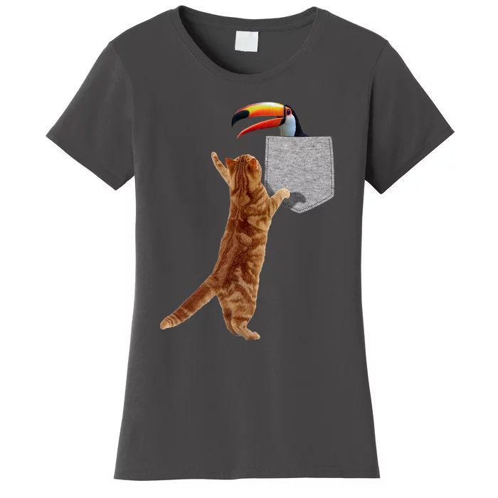 Cat Reaching Toucan In Fake Funny Printon Pocket Women's T-Shirt