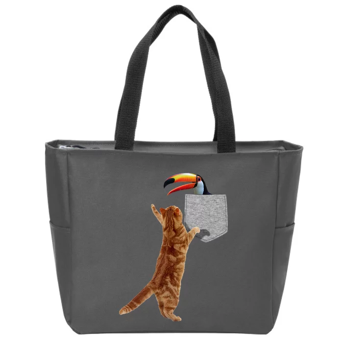 Cat Reaching Toucan In Fake Funny Printon Pocket Zip Tote Bag