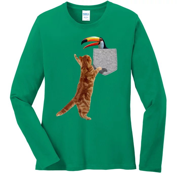 Cat Reaching Toucan In Fake Funny Printon Pocket Ladies Long Sleeve Shirt