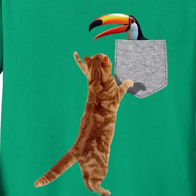 Cat Reaching Toucan In Fake Funny Printon Pocket Kids Long Sleeve Shirt