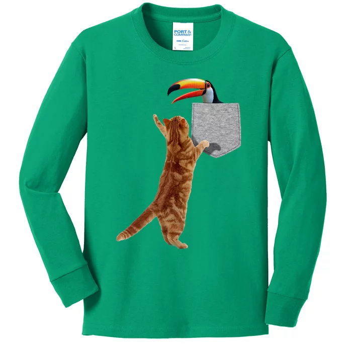 Cat Reaching Toucan In Fake Funny Printon Pocket Kids Long Sleeve Shirt