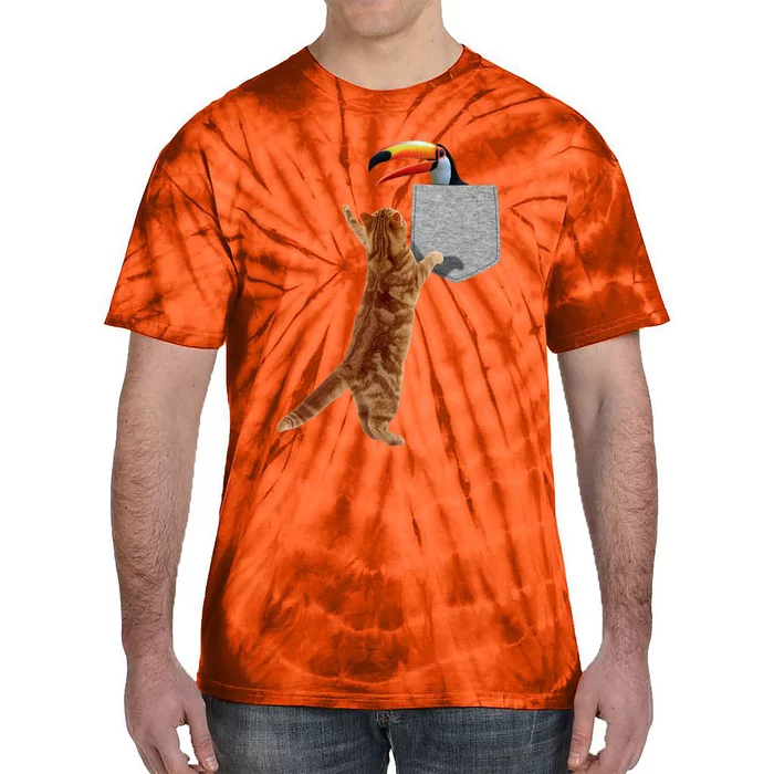 Cat Reaching Toucan In Fake Funny Printon Pocket Tie-Dye T-Shirt