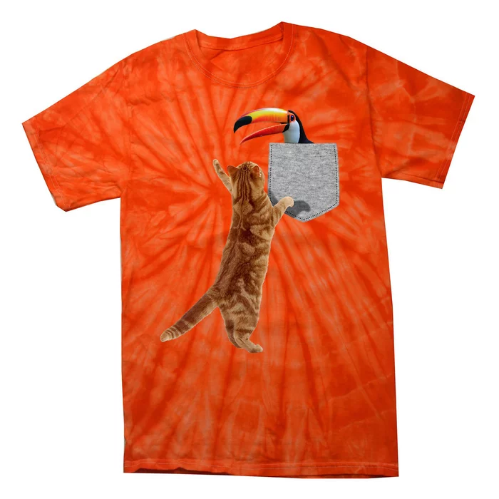 Cat Reaching Toucan In Fake Funny Printon Pocket Tie-Dye T-Shirt