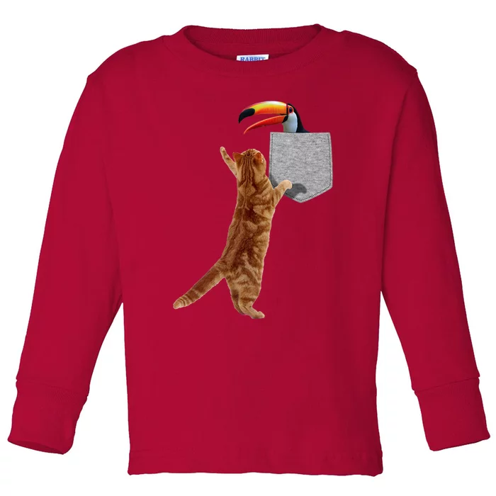 Cat Reaching Toucan In Fake Funny Printon Pocket Toddler Long Sleeve Shirt