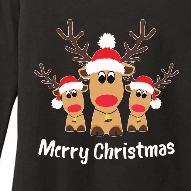 Cute Reindeer Trio Merry Christmas Santa Hat Funny Elk Womens CVC Long Sleeve Shirt