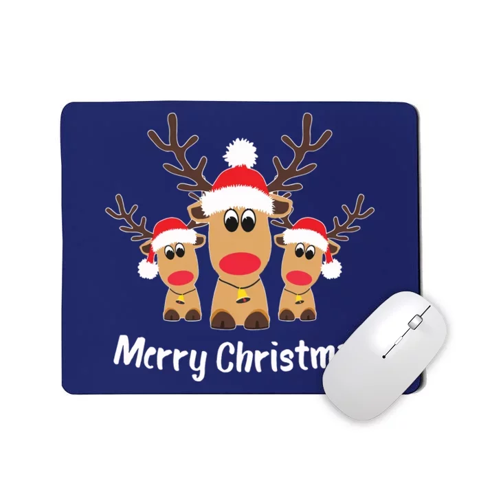 Cute Reindeer Trio Merry Christmas Santa Hat Funny Elk Mousepad