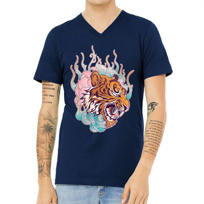 Cool Roaring Tiger Japanese Tattoo V-Neck T-Shirt