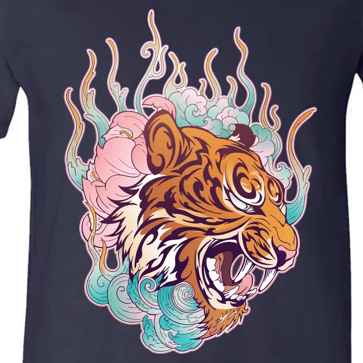 Cool Roaring Tiger Japanese Tattoo V-Neck T-Shirt