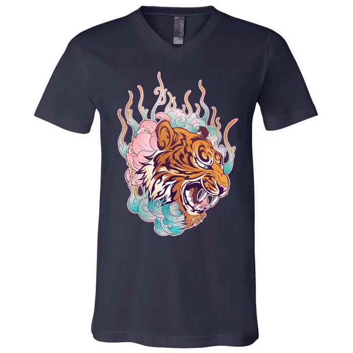 Cool Roaring Tiger Japanese Tattoo V-Neck T-Shirt