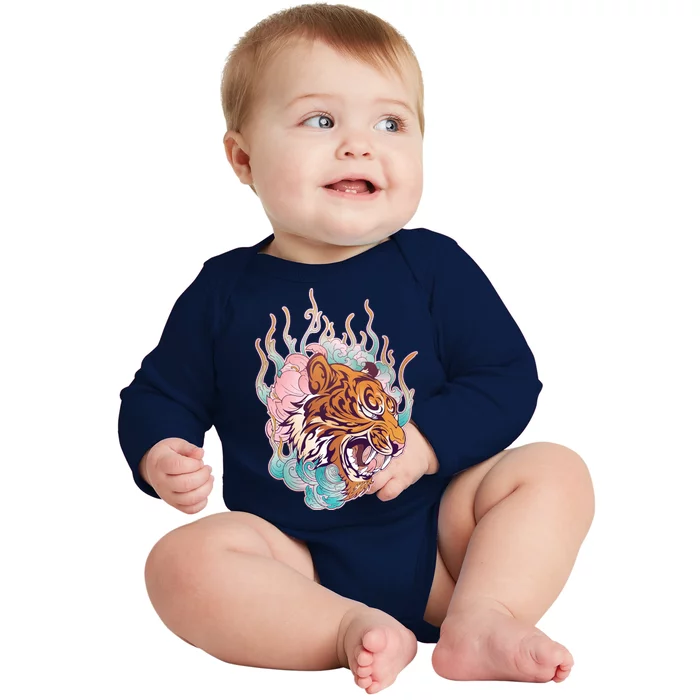 Cool Roaring Tiger Japanese Tattoo Baby Long Sleeve Bodysuit