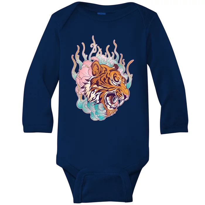 Cool Roaring Tiger Japanese Tattoo Baby Long Sleeve Bodysuit