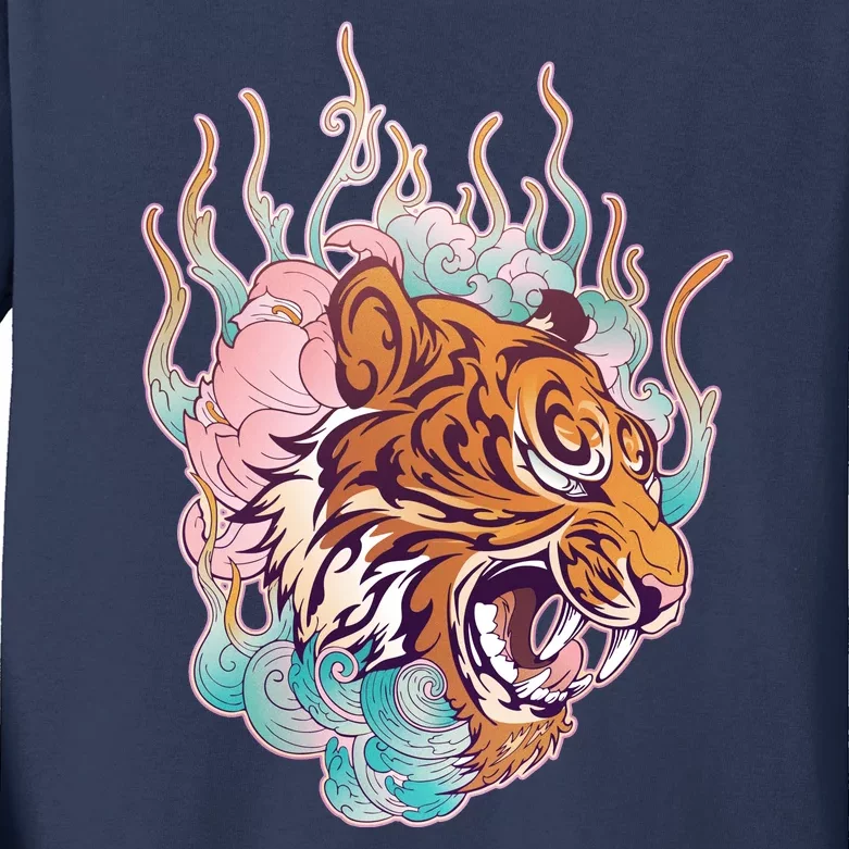 Cool Roaring Tiger Japanese Tattoo Kids Long Sleeve Shirt