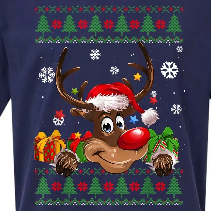 Cute Reindeer Ugly Christmas Sweater Sueded Cloud Jersey T-Shirt