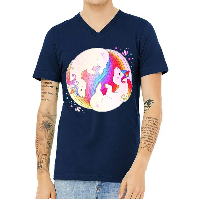 Cute Rainbow Unicorns Yin Yang V-Neck T-Shirt