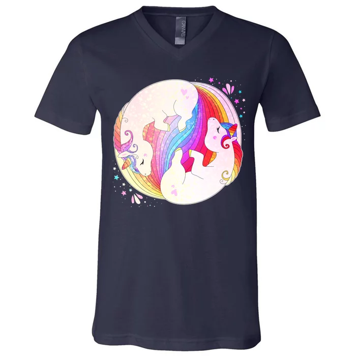 Cute Rainbow Unicorns Yin Yang V-Neck T-Shirt