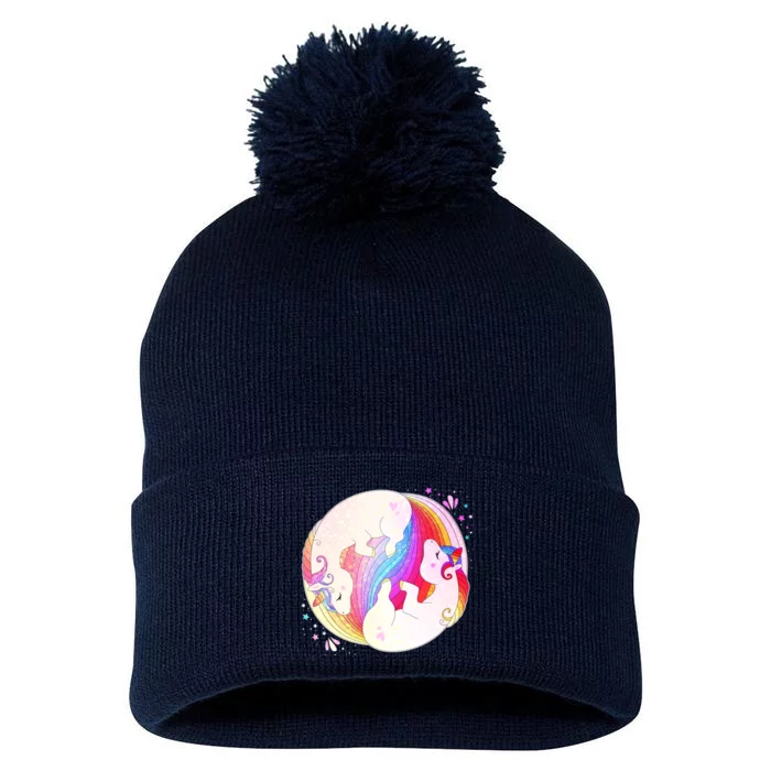 Cute Rainbow Unicorns Yin Yang Pom Pom 12in Knit Beanie