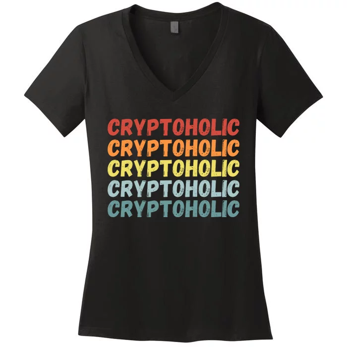 Cryptoholic, Retro Vintage Crypto, Funny Cryptocurrency, Bitcoin, HODL Women's V-Neck T-Shirt