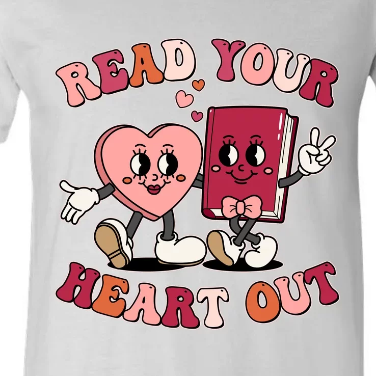 Cute Retro Valentine Read Your Heart Out Book Lover Reading Fan V-Neck T-Shirt