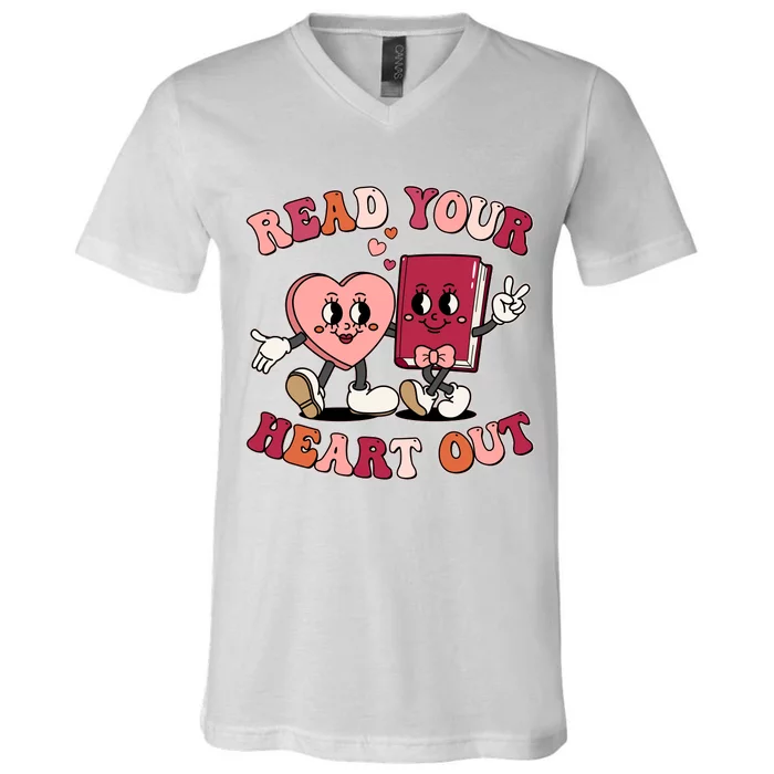 Cute Retro Valentine Read Your Heart Out Book Lover Reading Fan V-Neck T-Shirt