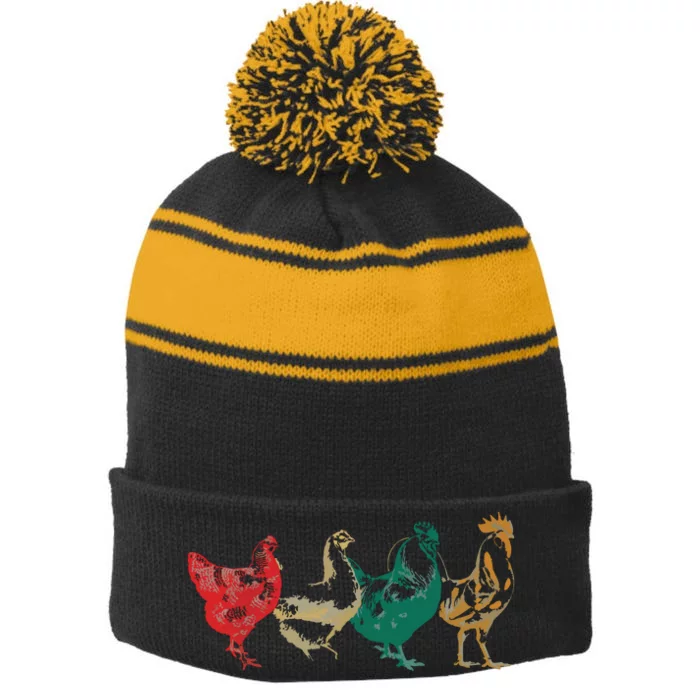 Chicken Retro Vintage Poultry Farmer Women Men Farm Lover Stripe Pom Pom Beanie