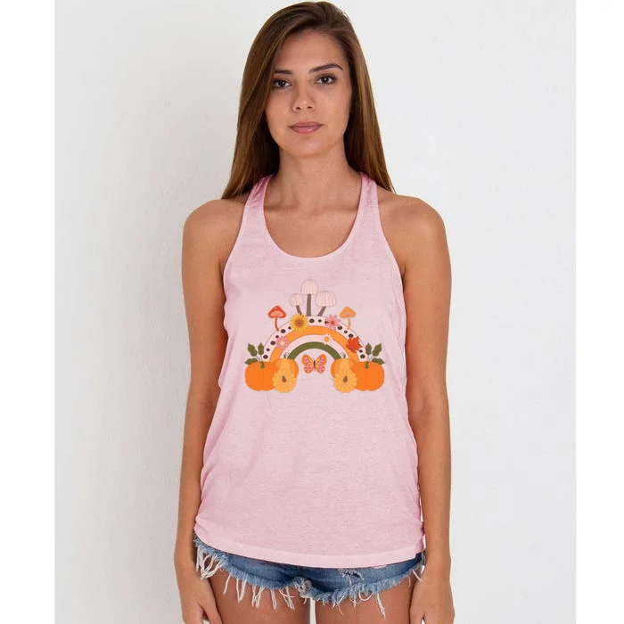 Cute Retro Vintage Fall Autumn Rainbow Mushrooms Pumpkins Women's Knotted Racerback Tank