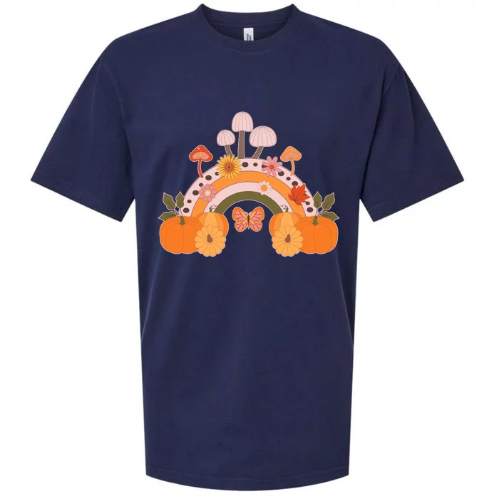 Cute Retro Vintage Fall Autumn Rainbow Mushrooms Pumpkins Sueded Cloud Jersey T-Shirt